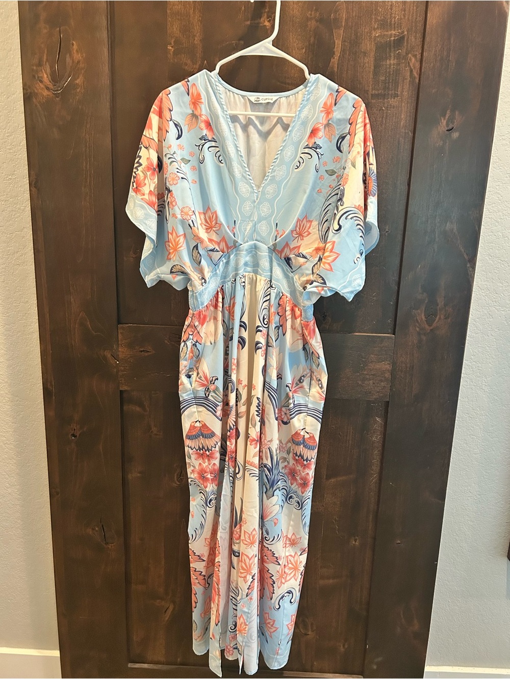Cupshe Blue and Peach Floral V-Neck Maxi Dress